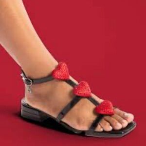 J. Renee Black and Red Heart Sandals with Ankle Strap